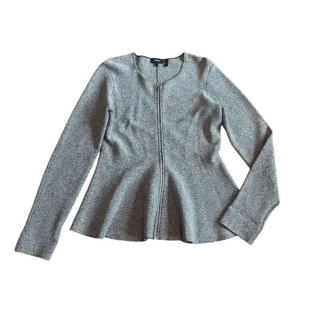 Theory Grey Marled Zip-Down Peplum Sweater Jacket Stretch Size Large Women's